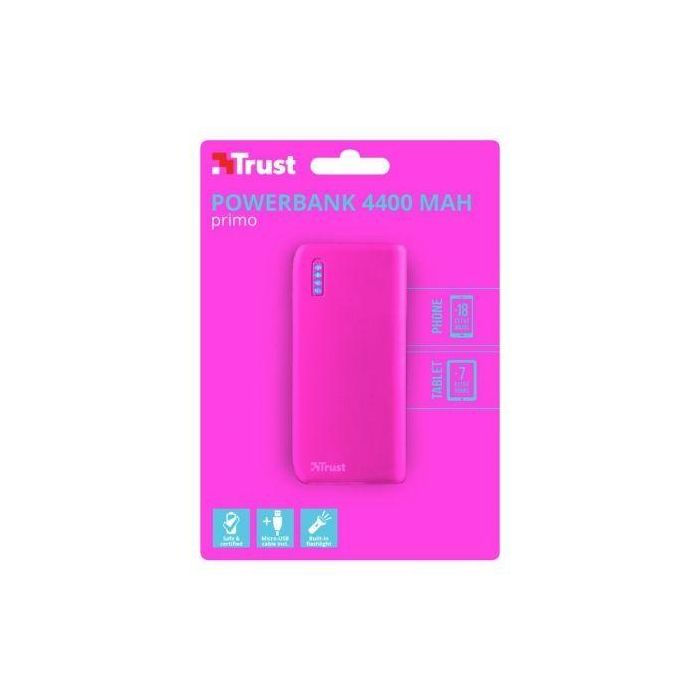 BATERÍA EXTERNA TRUST PRIMO POWERBANK 4400 NEÓN PINK - 4400MAH - 5W/1A - FUNCIÓN LINTERNA - CABLE MICROUSB - UNIVERSAL 2 BATERÍA EXTERNA TRUST PRIMO POWERBANK 4400 NEÓN PINK - 4400MAH - 5W/1A - FUNCIÓN LINTERNA - CABLE MICROUSB - UNIVERSAL 2