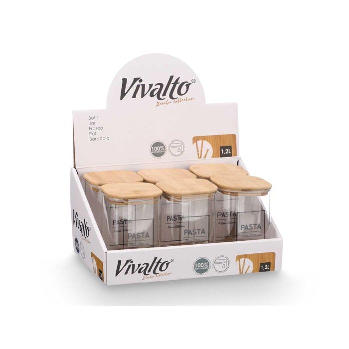 Bote Cuadrado Borosilicato Tapa Bambu Pasta 1,2L Vivalto 10X15CM (12 Unidades) 1 Bote Cuadrado Borosilicato Tapa Bambu Pasta 1,2L Vivalto 10X15CM (12 Unidades) 1
