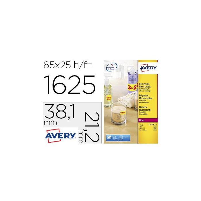 Etiqueta Adhesiva Avery Tamaño 38,1x21,2 mm Removible Amarillo Fluorescente Caja De 1625 Unidades