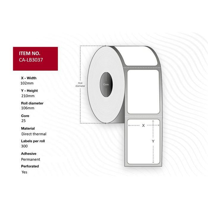 Capture Label 102 x 210 Core 25 Ø 106 mm. White. DT. Permanent. 300 labels per roll. 16 rolls per box. Capture Label 102 x 210 Core 25 Ø 106 mm. White. DT. Permanent. 300 labels per roll. 16 rolls per box.