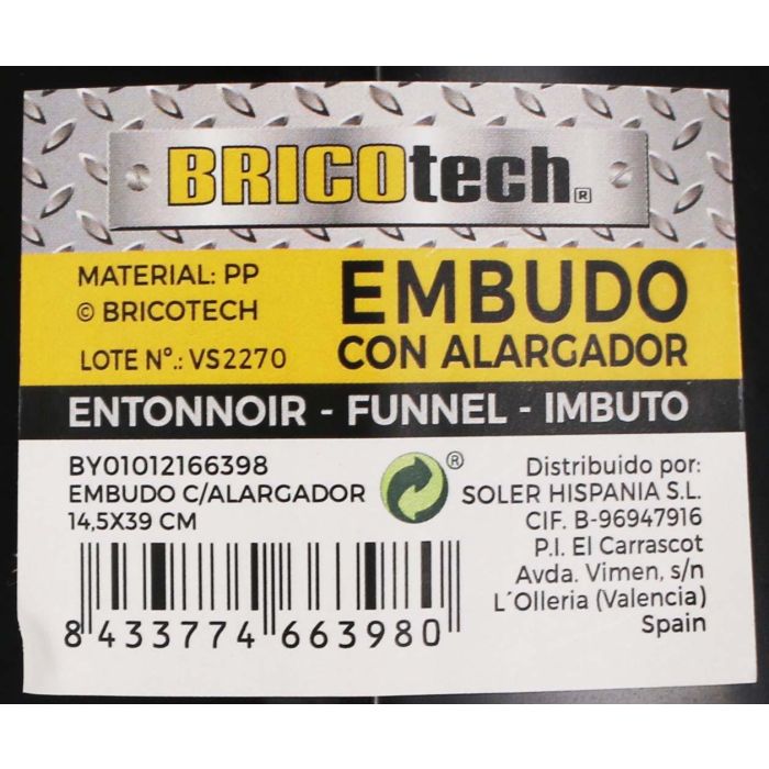 Embudo con alargador 14.5 x 39 cm Bricotech (24 Unidades) 1