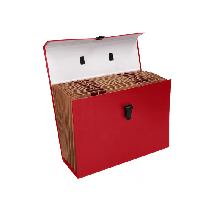 Liderpapel Maletín con fuelle 19 departamentos 255x390x120 mm cartón forrado color rojo 4