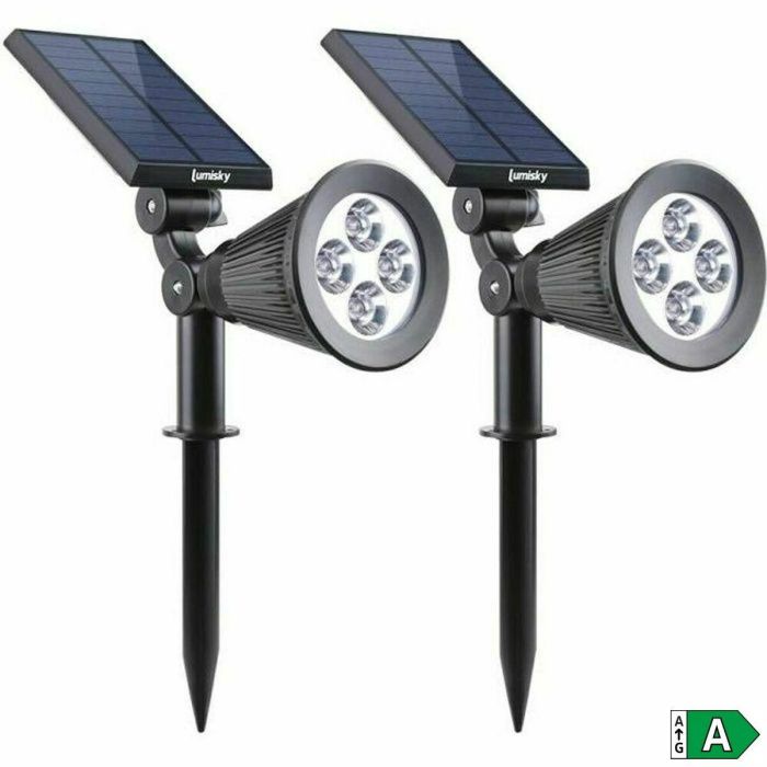 LUMISKY Paquete de 2 puntos solares impermeables para exteriores - 4 LED blancos - 200 Lm - Cabezal giratorio a 90 ° C 1 LUMISKY Paquete de 2 puntos solares impermeables para exteriores - 4 LED blancos - 200 Lm - Cabezal giratorio a 90 ° C 1