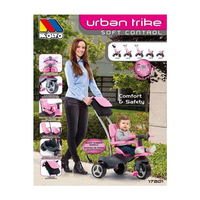 Molto Urban Trike Triciclo Rosa con Palo, Cinturón, Bolsa y Rueda de Goma 98 cm 12
