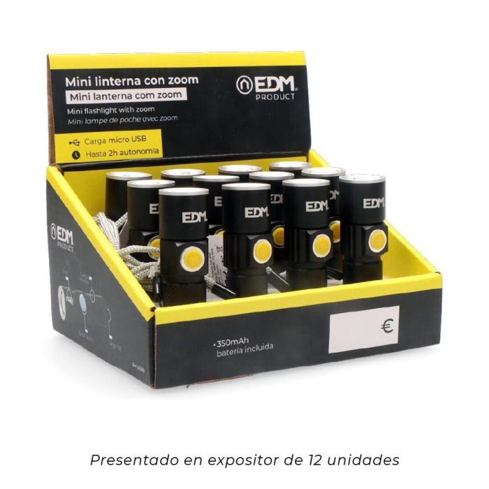 Edm Linterna mini recargable con zoom 3w 120lm 9000k luz fría, aluminio, IP44, carga USB 4