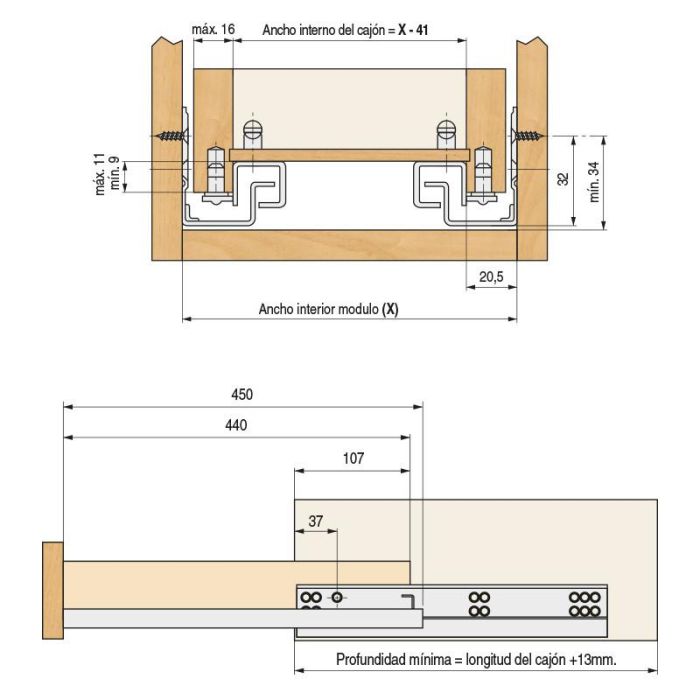 DTC Guía Oculta Tourpush Extracción Parcial Sistema PUSH Sin Tiradores 450mm Carga 20kg Acabado Zincado Deslizamiento Suave 1