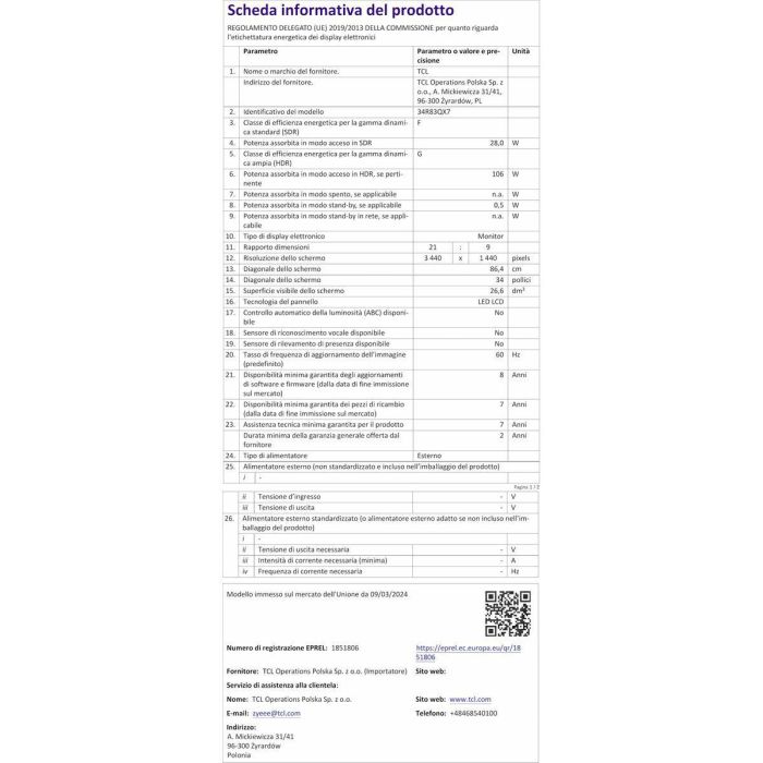Monitor TCL 34R83Q LCD 37" 29