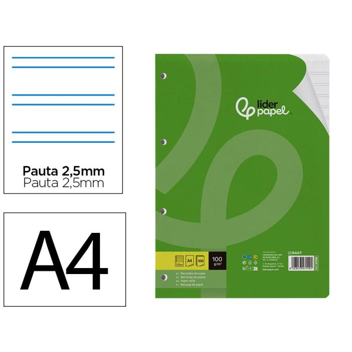 Recambio Liderpapel A4 100 Hojas 100 gr-M2 Pauta 5ª 2.5 mm Con Margen 4 Taladros