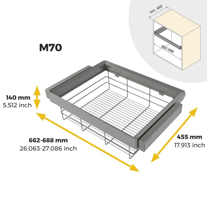 Emuca Kit de cajón de alambre y bastidor regulable Quartz para armarios, guías de cierre suave y extracción total, Módulo 70cm, Acabado Titanio 10