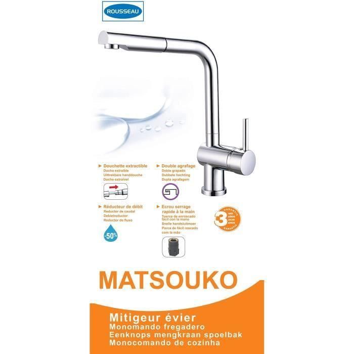 Rousseau Matsouko Grifo Mezclador de Cocina Moderno con Ducha Extraíble, Ahorro de Agua, Cuerpo de Latón, Gris Cromo 3