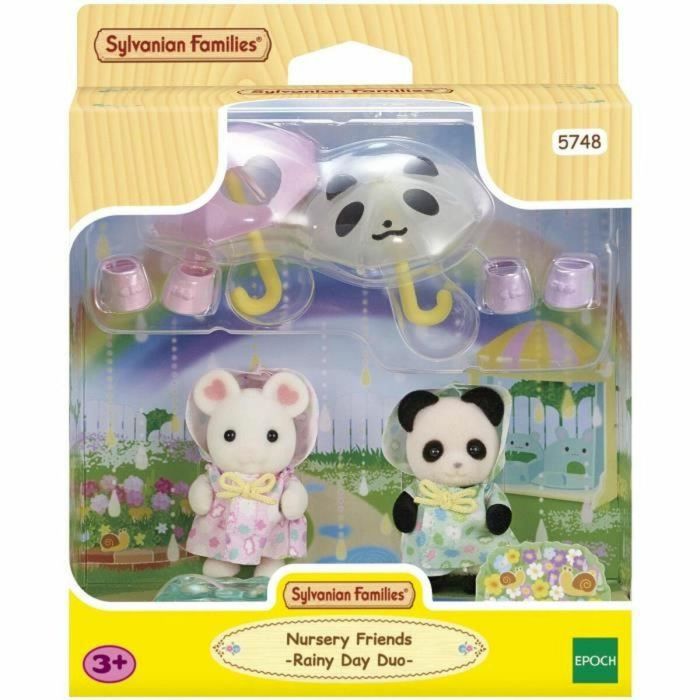 Sylvanian Families SYL1710444957409 Figuras Articuladas Dúo Bebés con Trajes de Lluvia Panda y Marshmallow Mouse 5