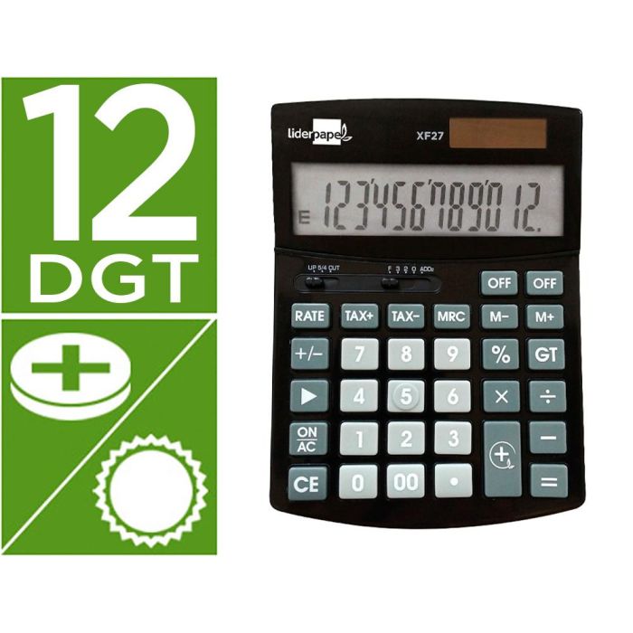 Calculadora Liderpapel Sobremesa Xf27 12 Digitos Tasas Solar Y Pilas Color Negro 155x115x25 mm