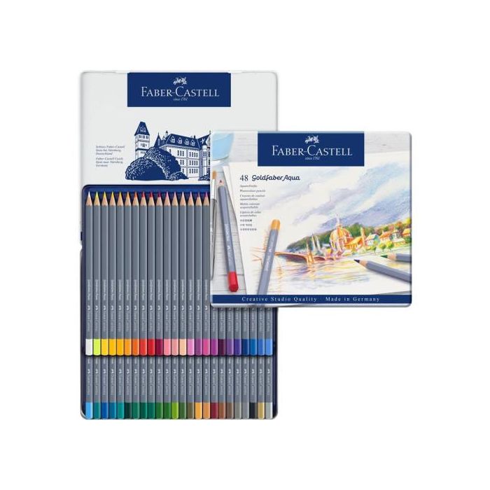 Faber-Castell 114648 Estuche de metal con 48 Lápices de colores acuarelables Goldfaber 2