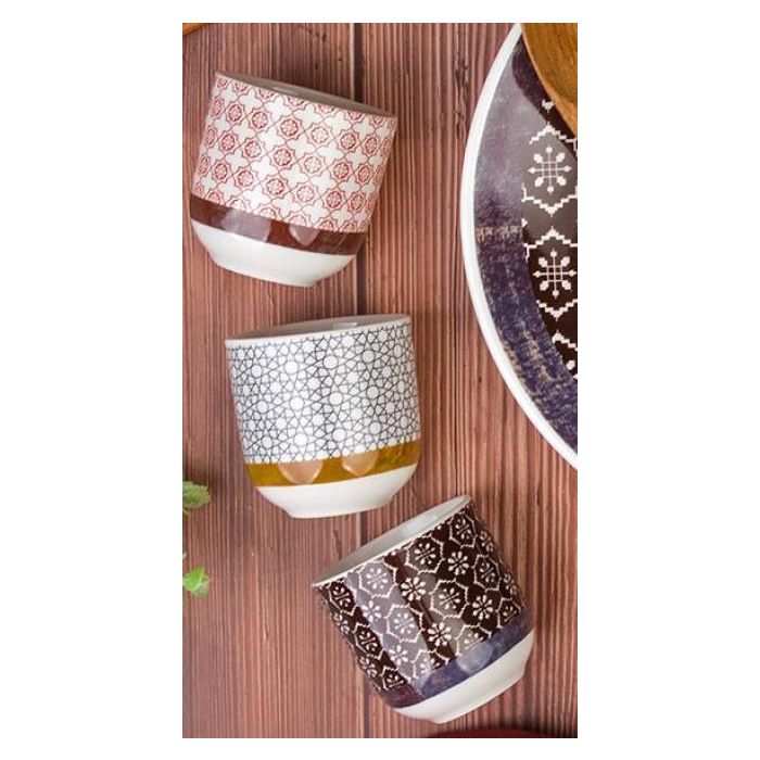 DKD Home Decor Plato Árabe Étnico New Bone Colección Greature 1 Granate Gris 22.5 cm Apto Microondas Lavavajillas Pack 12 Unidades 1