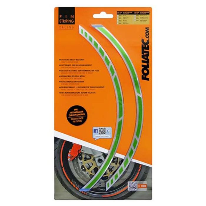 Foliatec FO34444 Pin Striping Racing Verde 14 Bandas 7mm x 41cm Autoadhesivas, Resistente UV para Llantas de Bicicleta con Espaciador