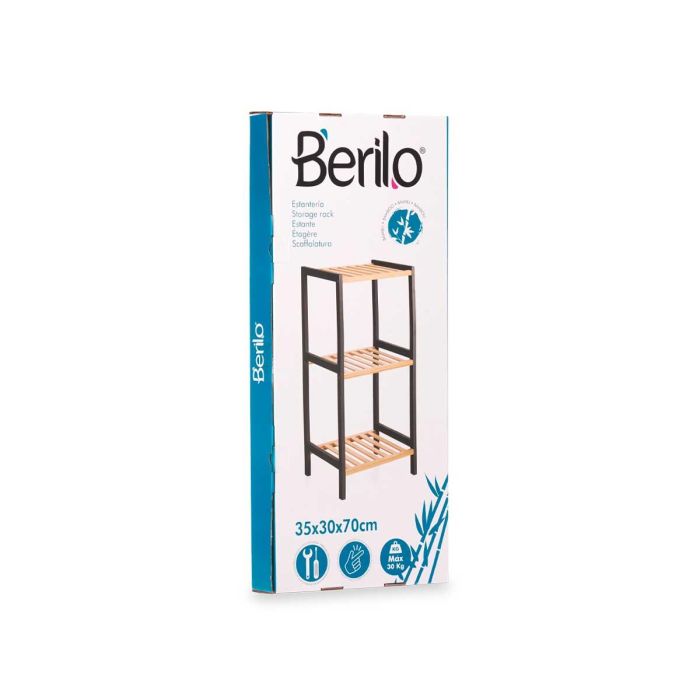 Berilo Estantería Cuadrada 3 Estantes Bambú Madera Pino Negro Natural 70x6x30cm 2