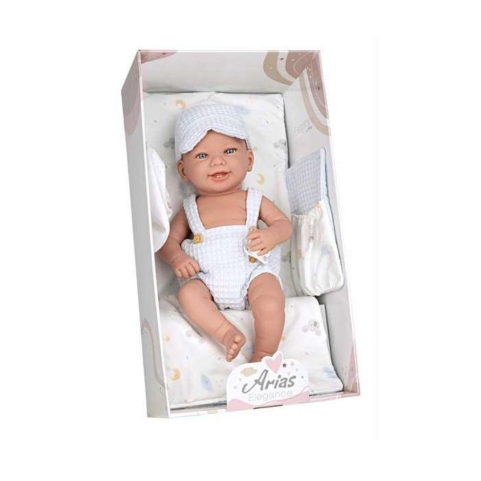 Muñecas Arias Muñeca Elegance Zoe de 42 cm, azul, con cambiador y babero, cuerpo de vinilo, niño