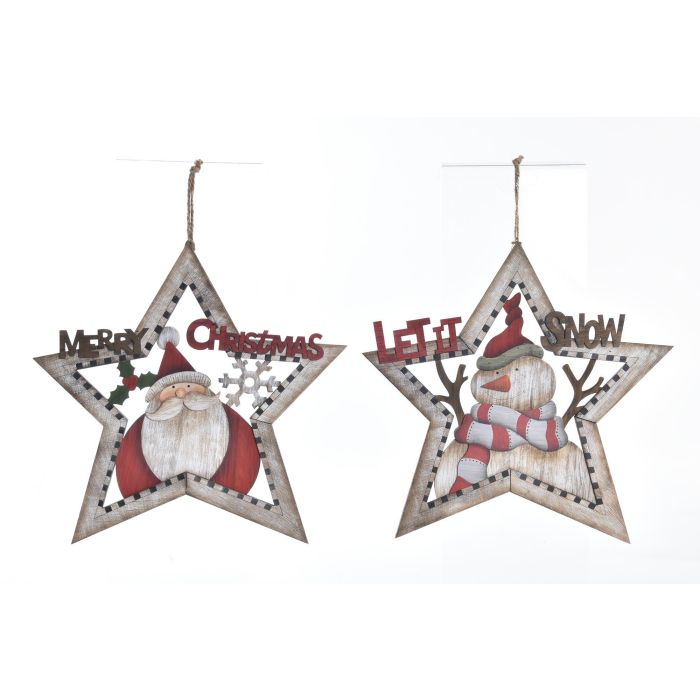 DKD Home Decor Decoración Colgante Navidad Tradicional de Madera Natural y Rojo, 0.8x32x34 cm, 12 Unidades Surtidas