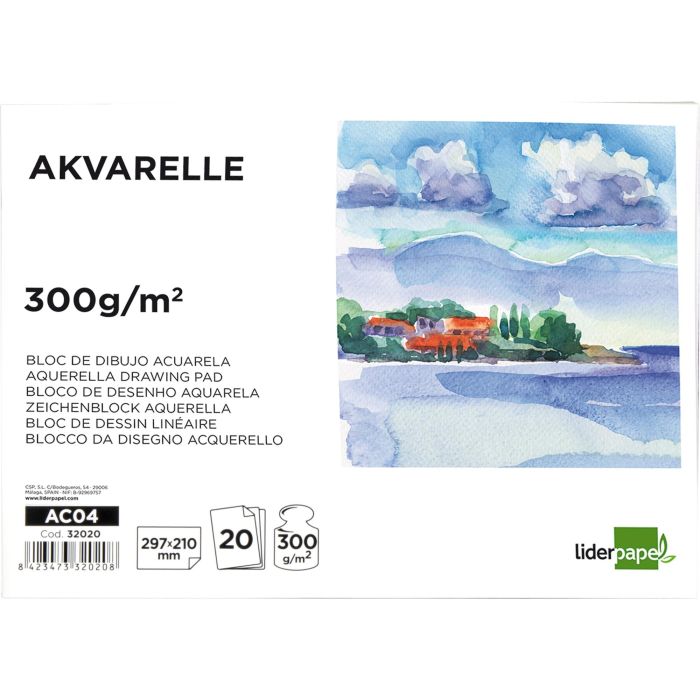 Liderpapel Bloc Dibujo Acuarela Encolado 210x297mm 20 Hojas 300g/m2 Sin Recuadro 1