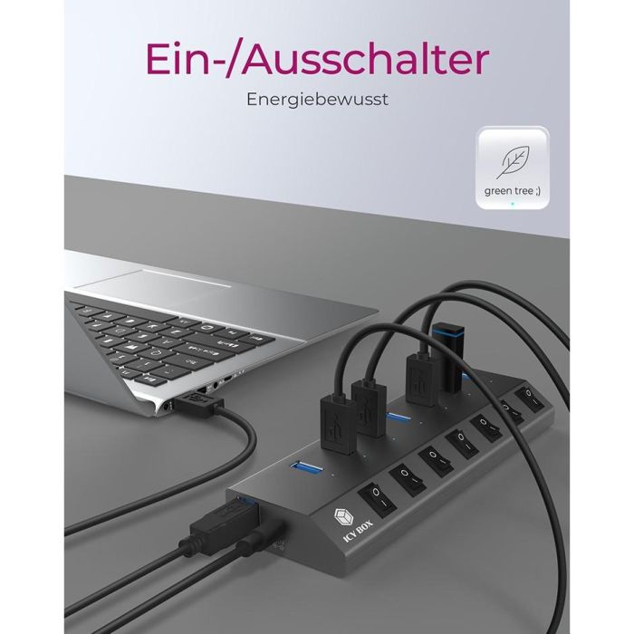 USB3.0 HUB 7Port ICY BOX 7xUSB3.0 (An-/Ausschalter für jeden Port) aktiv mit Netzteil Grey 1