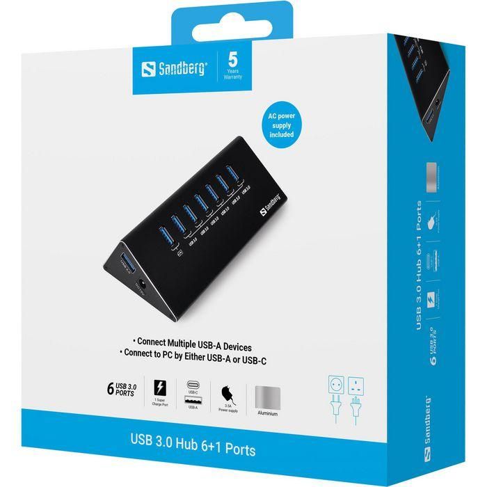 Sandberg USB 3.0 Hub de 7 Puertos (6+1) con Protección de Sobrecarga para Conectar Múltiples Periféricos al Ordenador - Plug & Play 2