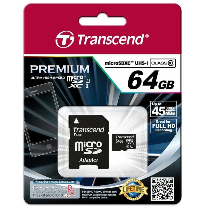 Transcend TS64GUSDU1 microSDXC 64GB Clase 10 U1 con Adaptador SD y Velocidad de Lectura 90MB/s