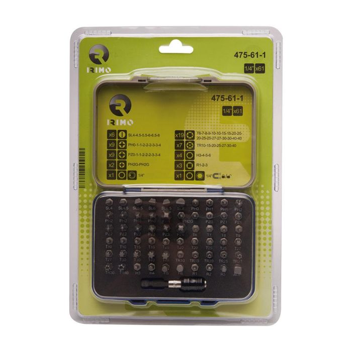Irimo Juego puntas 1/4" 61 piezas con portapuntas magnético, referencia 475-61-1. Para tornillos ranurados, phillips, pozidriv, torx, hexagonales y cuadrados. 1