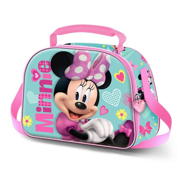 Disney Minnie Mouse Bolsa Portamerienda 3D Pose Rosa. Merendero infantil con forro isotérmico, asa y bandolera. 10x26x20cm