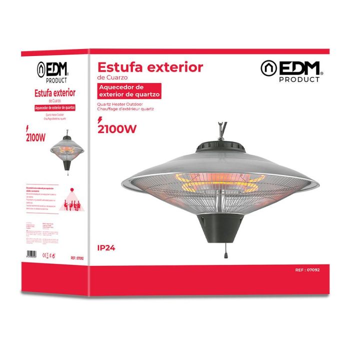Edm Estufa de cuarzo para techo exterior 2100W, 3 niveles de potencia, IP24, orientable 0-45°, alcance 3m 1