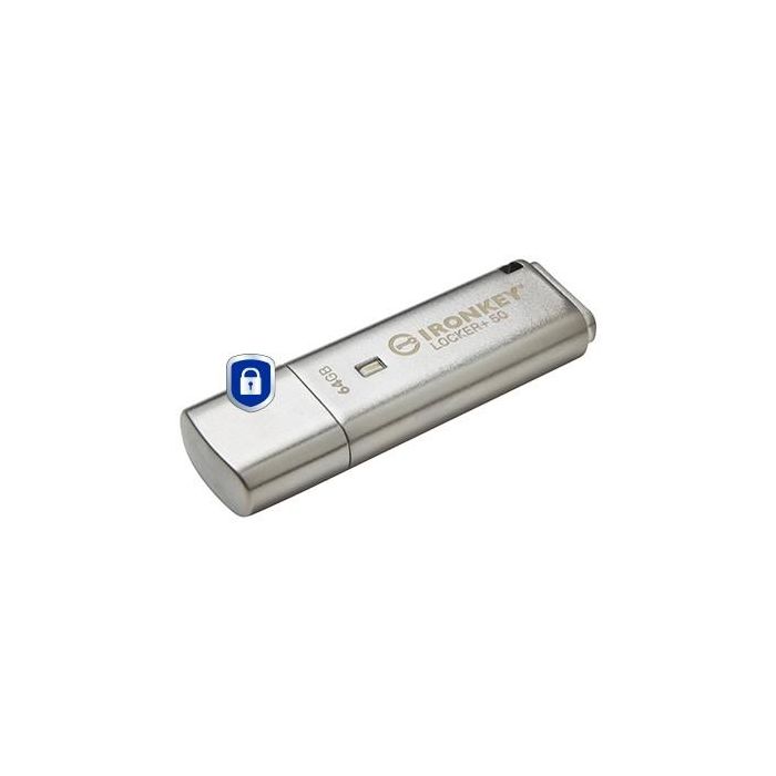 Kingston IronKey IKLP50 USB 3.2 64GB, 145MB/s, Encriptación AES 256-bit, Protección por Contraseña, Plata 1