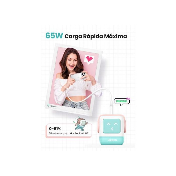 UGREEN Cargador Rápido GaN 65W 3 Puertos USB C/A con Pantalla LED, Azul - Ref. 35855 3