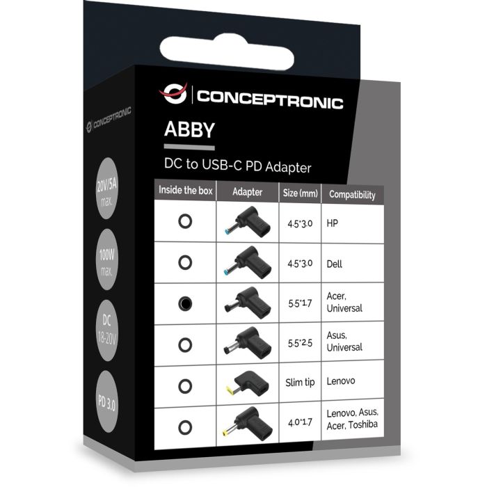 CONCEPTRONIC USB-C PD100W->Acer/Uni.5.5x1.7mm Adap.18-20V sw 3 CONCEPTRONIC USB-C PD100W->Acer/Uni.5.5x1.7mm Adap.18-20V sw 3