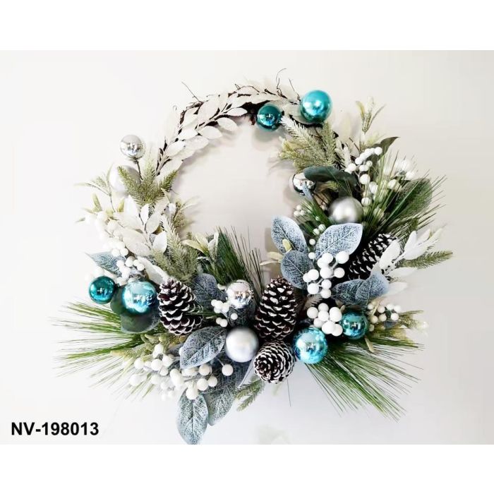 DKD Home Decor Corona de Navidad Moderna para Hogar de PVC y Ratán. Colores Azul, Verde, Marrón, Blanco. Medidas: 60x60x12 cm