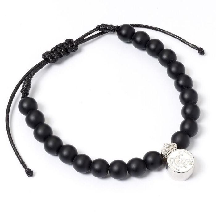 Real Madrid Pulsera oficial con cuentas negras mate y escudo, de aleación de zinc, extensible