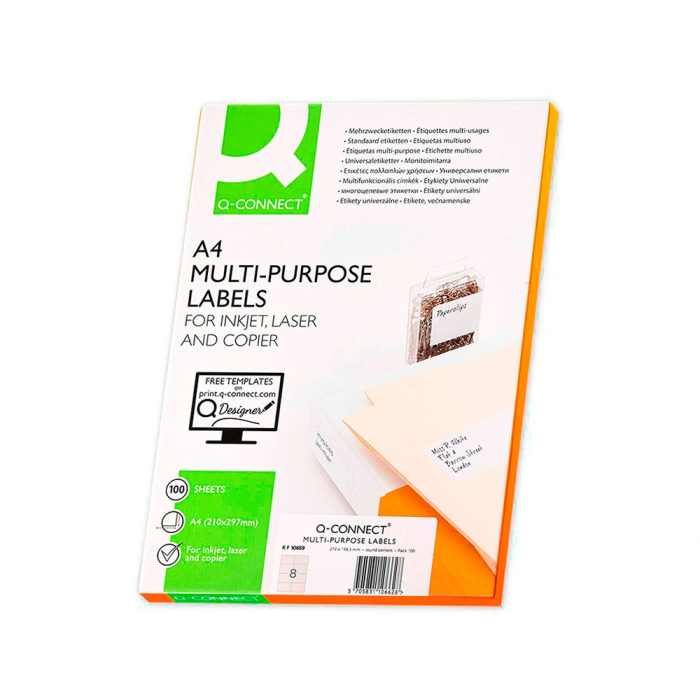 Q-connect Etiqueta Adhesiva KF10659 105x74 mm para Impresora Ink-jet, Láser y Fotocopiadora, Caja 100 Hojas DIN A4 1