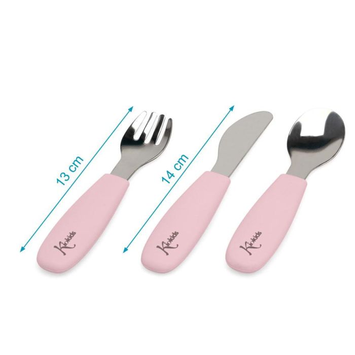 KioKids Set Cubiertos Infantiles Acero Inoxidable y Silicona Rosa, Mangos Antideslizantes, Bordes Seguros, Aptos Lavavajillas, +6 meses 2