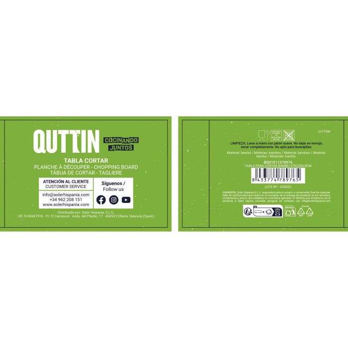 Quttin Tabla para Cortar de Bambú 37 cm x 22 cm x 0.8 cm 3