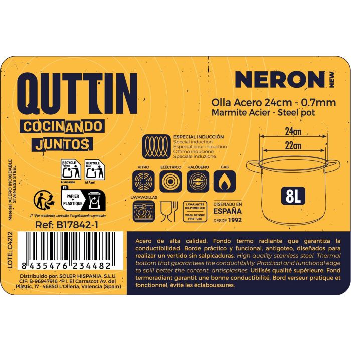 Olla New Neron 24 cm (8L) Acero Inoxidable con Tapa - Quttin (4 Unidades) 5 Olla New Neron 24 cm (8L) Acero Inoxidable con Tapa - Quttin (4 Unidades) 5