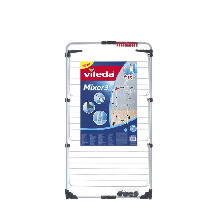 Vileda Tendedero Torre Mixer 3, Tendedero de Ropa de 3 Niveles con 30 m de Tendedero, Plegable y con Ruedas, Acero Blanco 1