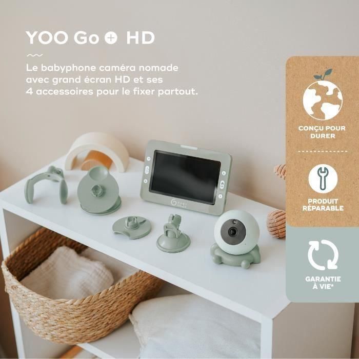 Vigilabebés con cámara YOO Go+ - Pantalla grande 5 720P HD - Batería recargable, duración de la batería 8 h - 4 accesorios de soporte para cámara incluidos 1