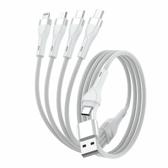 4smarts 541024 Cable Multi-Carga 4in2 USB-A/C a USB-C/Micro USB/Lightning Trenzado 1.2m Blanco 15W 1
