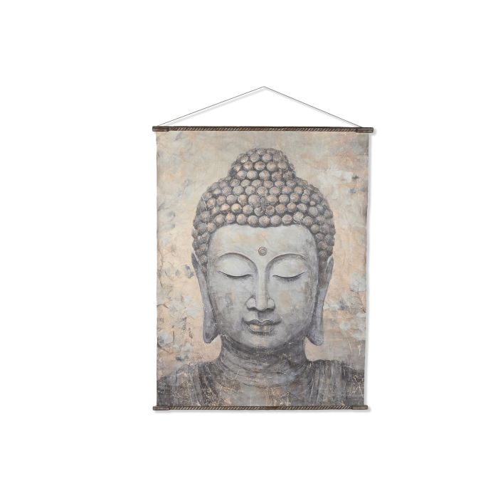 DKD Home Decor Lienzo Oriental de Papel y Abeto Beige Gris con Buda 138 x 2,8 x 180 cm (2 Unidades)