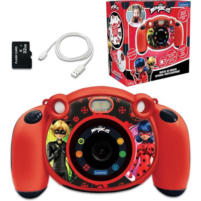 LEXIBOOK Cámara Digital Prodigiosa Ladybug Pantalla LCD 2" HD 1920x1080 Tarjeta SD 32GB Batería 400mAh Cable USB-C