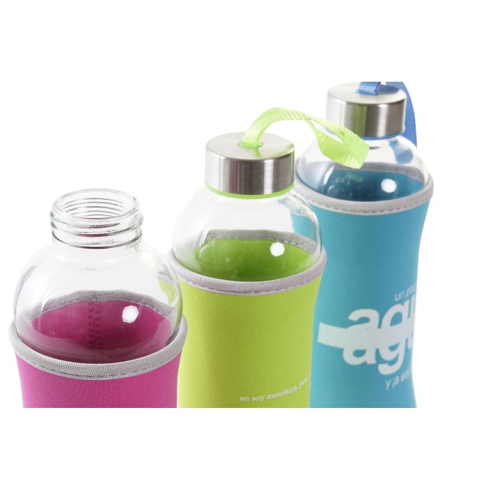 DKD Home Decor Botella Kids Cristal y Neopreno 600ml Azul Rosa Verde 12 Unidades 2