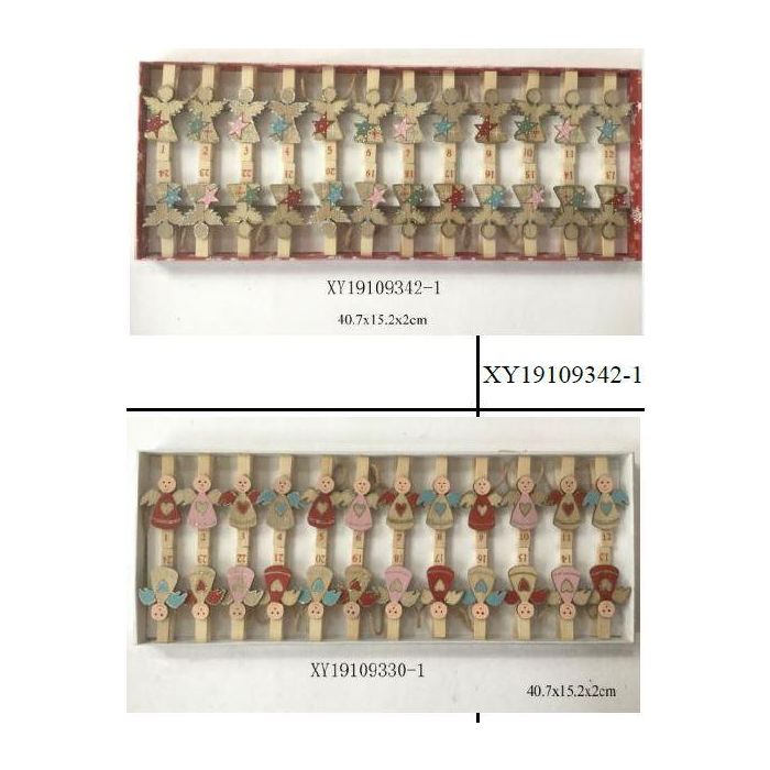 DKD Home Decor Pinzas de Navidad Tradicional Madera Decorativas Ancho 206cm Set 6 Unidades Colores Surtidos Diseño Ángel y Calendario