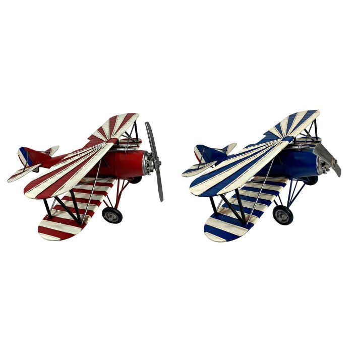 DKD Home Decor Avión Decoración Vintage Metal Rojo Azul Marino Medidas 45x38x16 cm Set de 2 Unidades