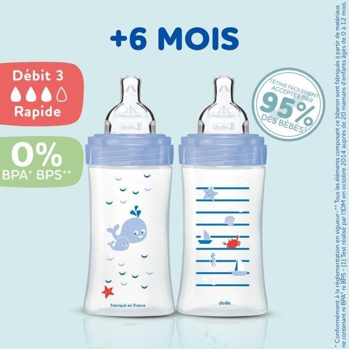 DODIE Set de 3 Biberones Sensation+ Anticólicos 330ml +6 Meses, Tetina Plana, Flujo 3 - Azul Mar y Verde Aire 1