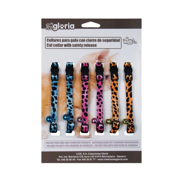 Gloria Collares para Gato Pack de 6 Estampado leopardo Nylon Seguridad Anti-Enganche con Cascabel Extraíble Display