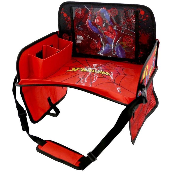 Spiderman CZ10642 Mesa de Viaje para Niños, Portátil, con Bolsillo Lateral y Superficie Táctil para Silla de Paseo y Coche, Fácil Limpieza