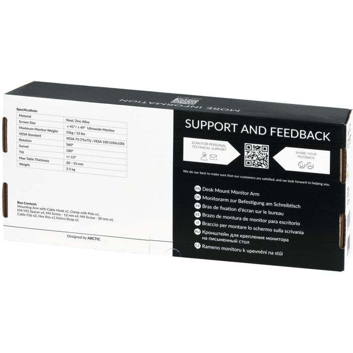ARCTIC X1 Soporte de Monitor con Abrazadera para Escritorio, 1 pantalla 40-43", VESA 100x100mm, Giro 180°, Inclinación -15/15°, Negro 6